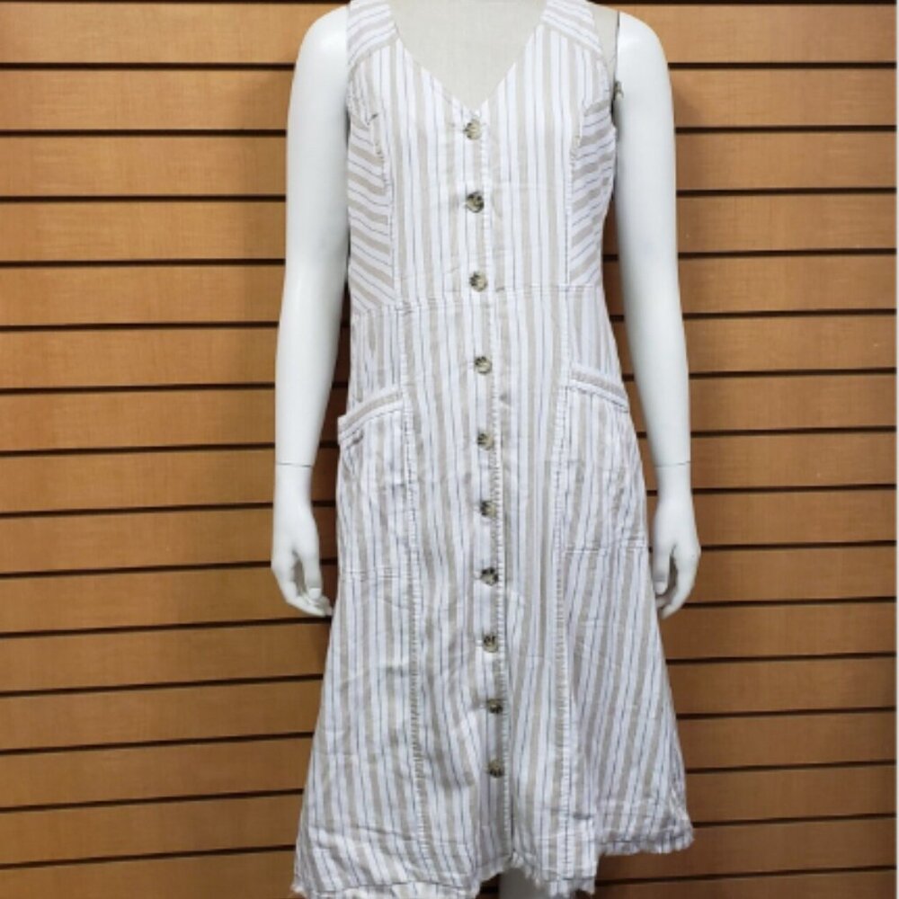 Pure Navy Striped V-Neck Sleeveless Dress Size Medium White And Tan Pockets